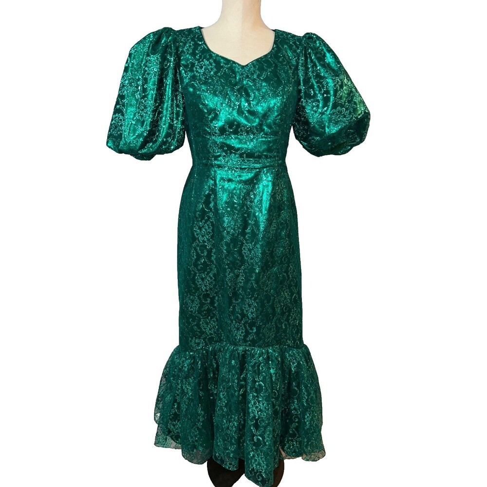 Mike Bennett Emerald Green Lace Maxi Dress with Puff Sleeves